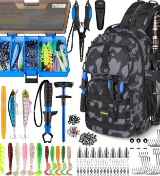 PLUSINNO Fishing Backpack with Tackle Boxes, Waterproof Fishing Sling Tackle Bag for Fishing Gear with Rod Holder, Fishing Gifts for Men with Fishing Lures, Fishing Pliers, Fish Lip Gripper.